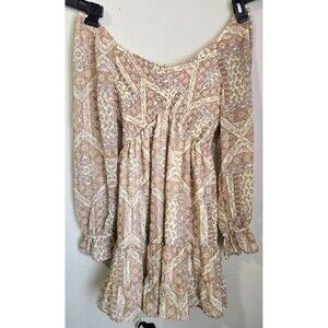 Ultra Flirt Beige Floral Dress Elastic Cuff Sleeve Boho Cottagecore Size XL